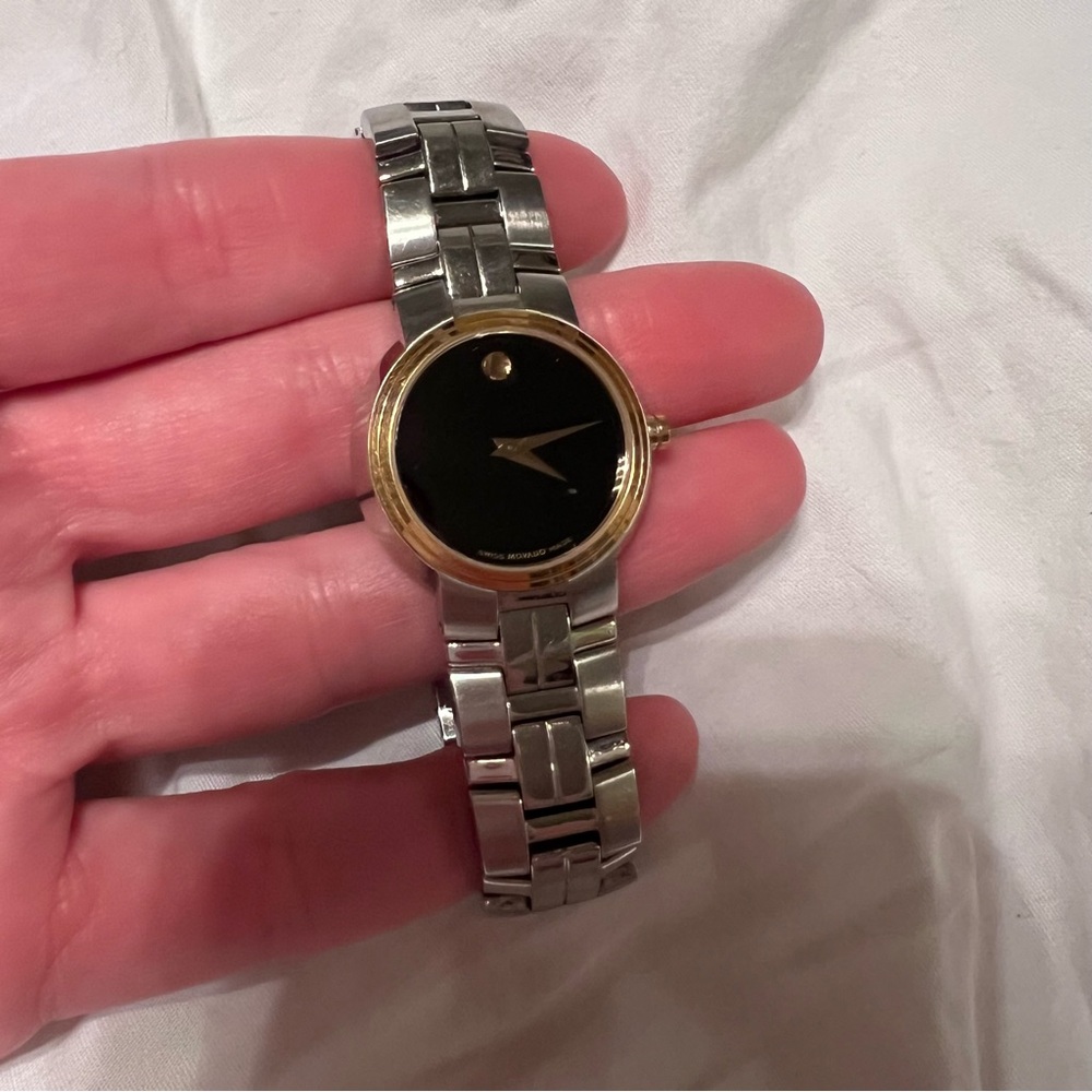 Vintage Movado Black and Gold Watch with Silver Band